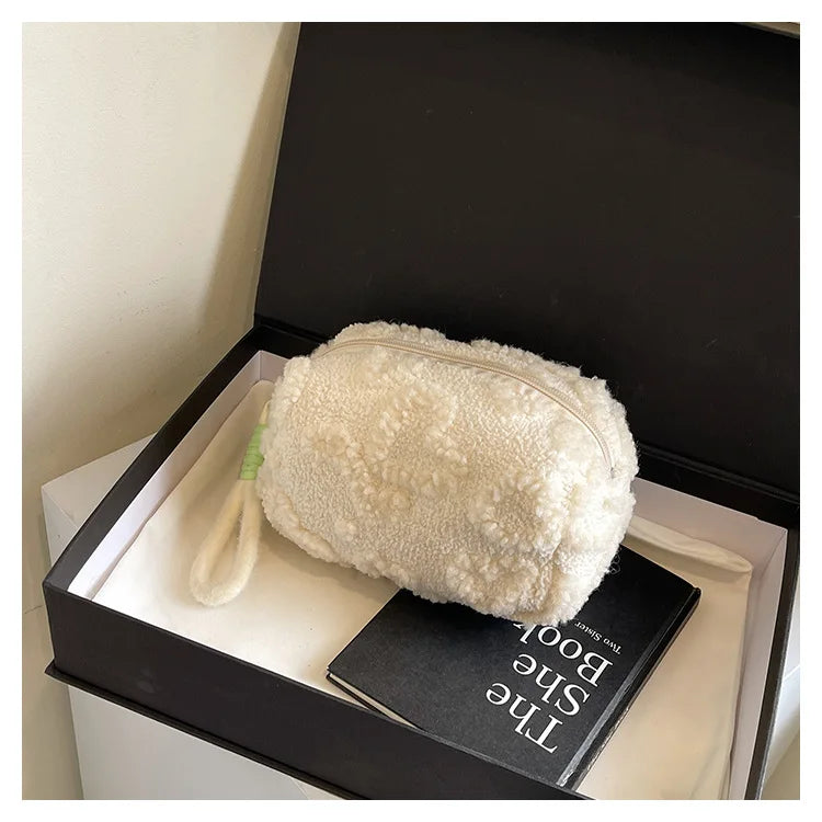 Plush Makeup Bags with Handle Soft Travel Cosmetic Storage Bag Portable Love Print Organizer Pencil Case Cute Clutch Pouch