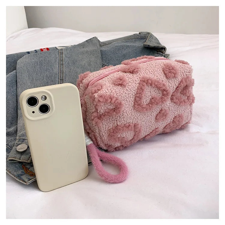 Plush Makeup Bags with Handle Soft Travel Cosmetic Storage Bag Portable Love Print Organizer Pencil Case Cute Clutch Pouch
