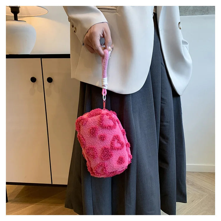 Plush Makeup Bags with Handle Soft Travel Cosmetic Storage Bag Portable Love Print Organizer Pencil Case Cute Clutch Pouch