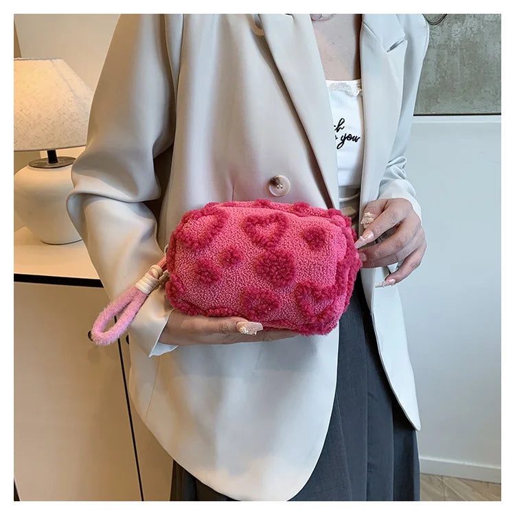 Plush Makeup Bags with Handle Soft Travel Cosmetic Storage Bag Portable Love Print Organizer Pencil Case Cute Clutch Pouch