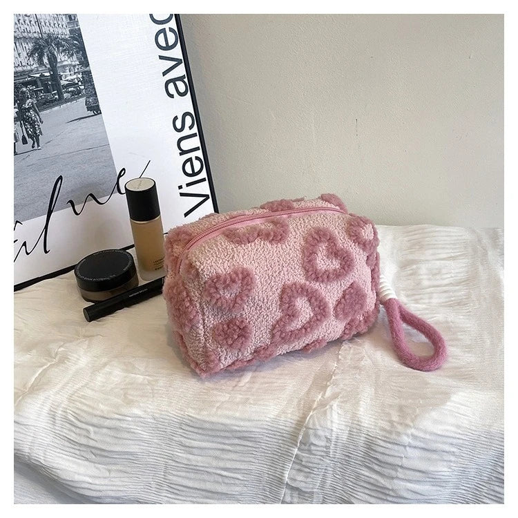Plush Makeup Bags with Handle Soft Travel Cosmetic Storage Bag Portable Love Print Organizer Pencil Case Cute Clutch Pouch