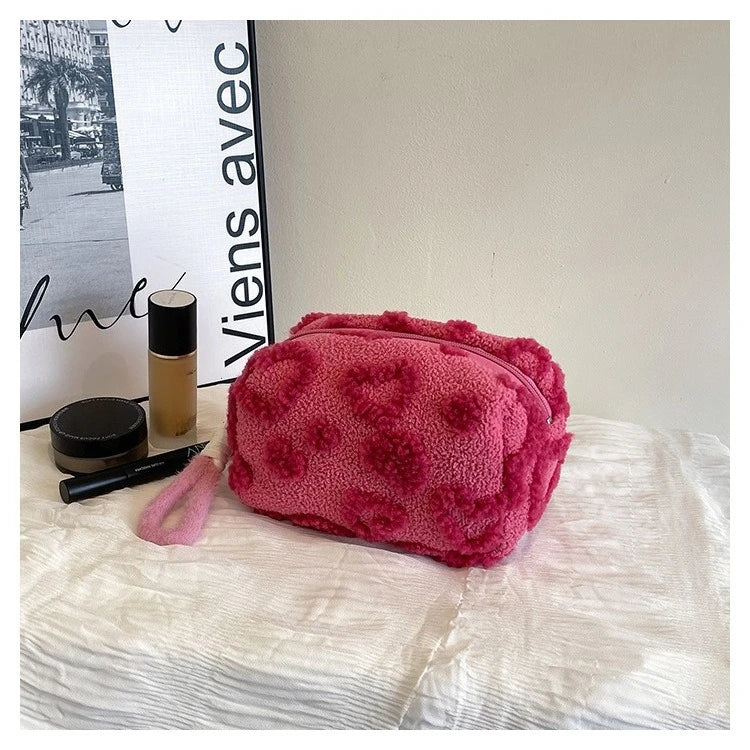 Plush Makeup Bags with Handle Soft Travel Cosmetic Storage Bag Portable Love Print Organizer Pencil Case Cute Clutch Pouch