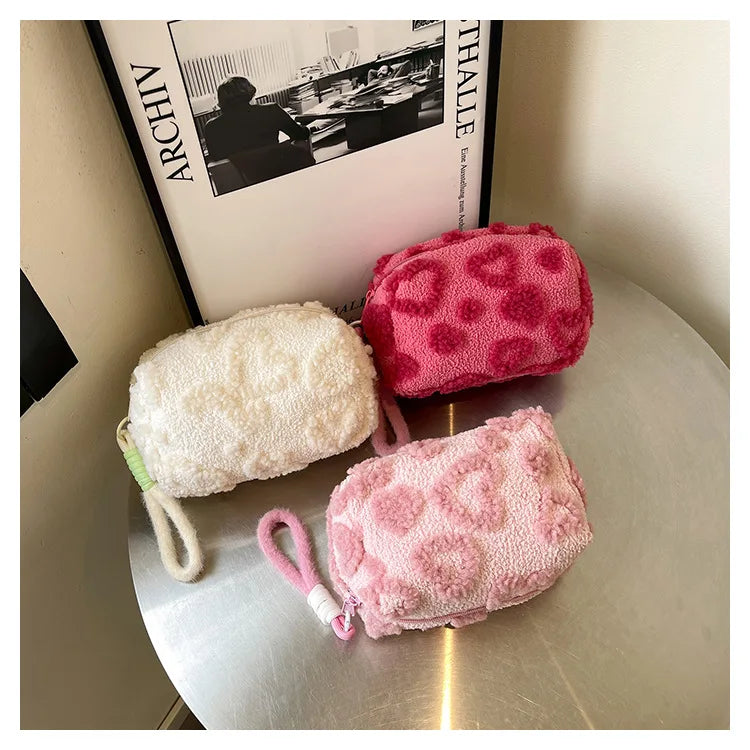 Plush Makeup Bags with Handle Soft Travel Cosmetic Storage Bag Portable Love Print Organizer Pencil Case Cute Clutch Pouch
