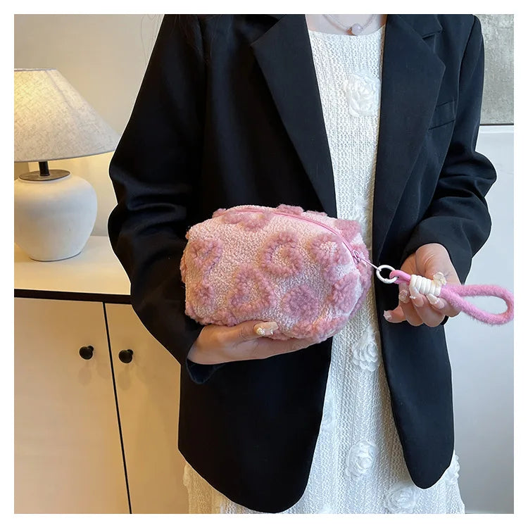 Plush Makeup Bags with Handle Soft Travel Cosmetic Storage Bag Portable Love Print Organizer Pencil Case Cute Clutch Pouch