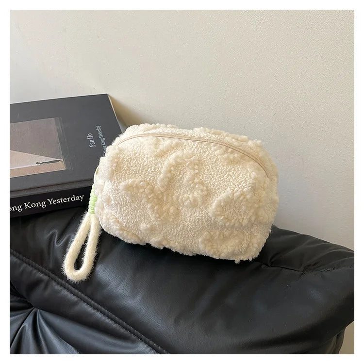 Plush Makeup Bags with Handle Soft Travel Cosmetic Storage Bag Portable Love Print Organizer Pencil Case Cute Clutch Pouch