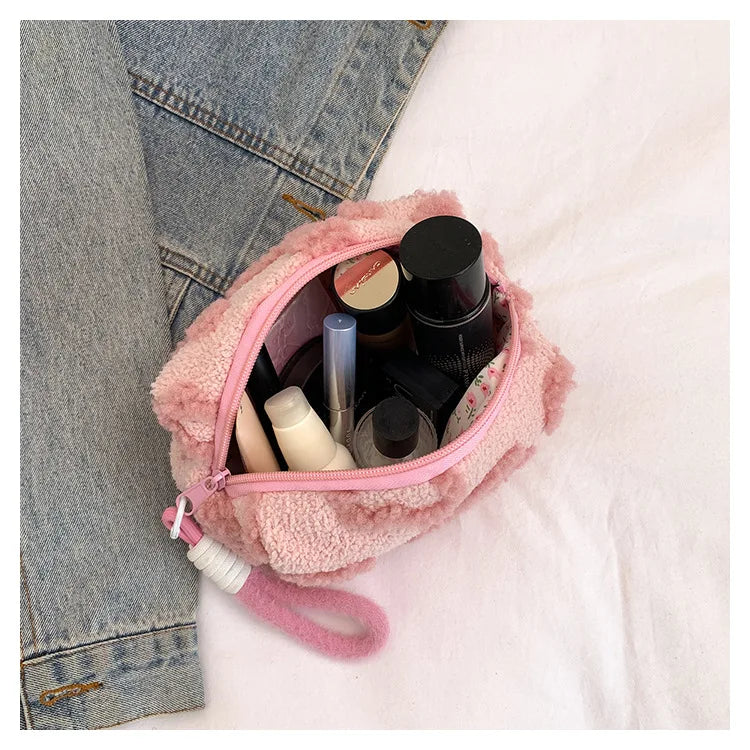 Plush Makeup Bags with Handle Soft Travel Cosmetic Storage Bag Portable Love Print Organizer Pencil Case Cute Clutch Pouch