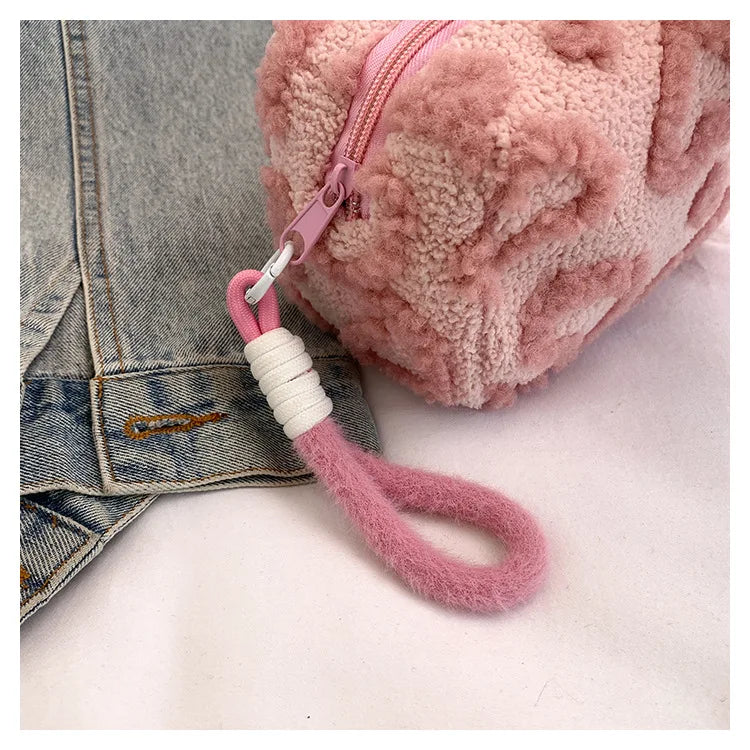 Plush Makeup Bags with Handle Soft Travel Cosmetic Storage Bag Portable Love Print Organizer Pencil Case Cute Clutch Pouch