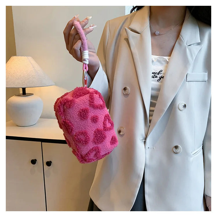 Plush Makeup Bags with Handle Soft Travel Cosmetic Storage Bag Portable Love Print Organizer Pencil Case Cute Clutch Pouch