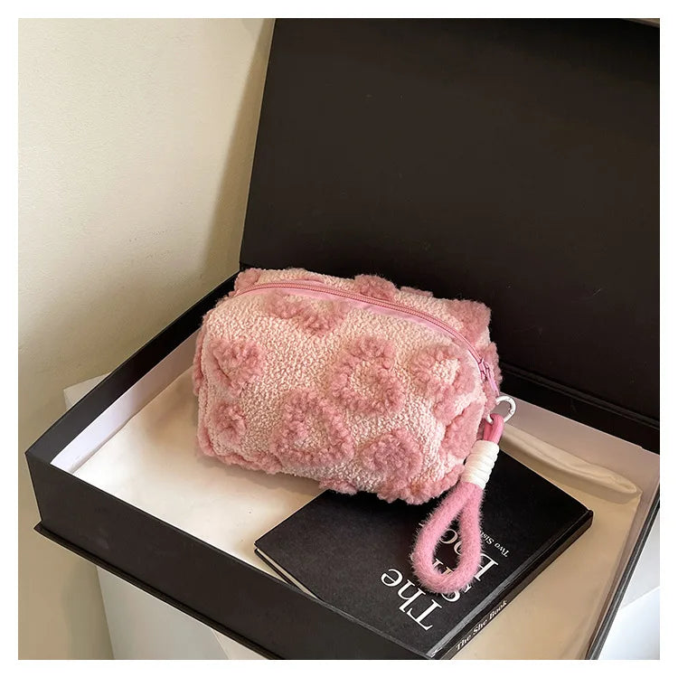 Plush Makeup Bags with Handle Soft Travel Cosmetic Storage Bag Portable Love Print Organizer Pencil Case Cute Clutch Pouch