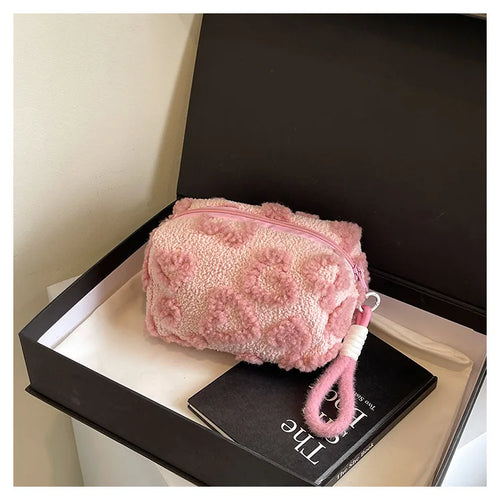 Plush Makeup Bags with Handle Soft Travel Cosmetic Storage Bag Portable Love Print Organizer Pencil Case Cute Clutch Pouch