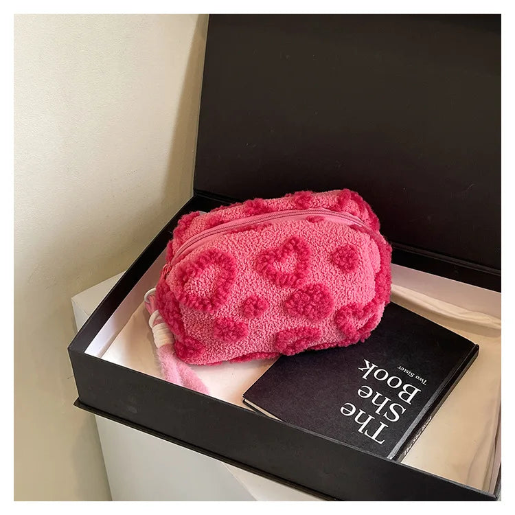 Plush Makeup Bags with Handle Soft Travel Cosmetic Storage Bag Portable Love Print Organizer Pencil Case Cute Clutch Pouch