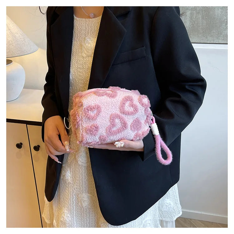Plush Makeup Bags with Handle Soft Travel Cosmetic Storage Bag Portable Love Print Organizer Pencil Case Cute Clutch Pouch