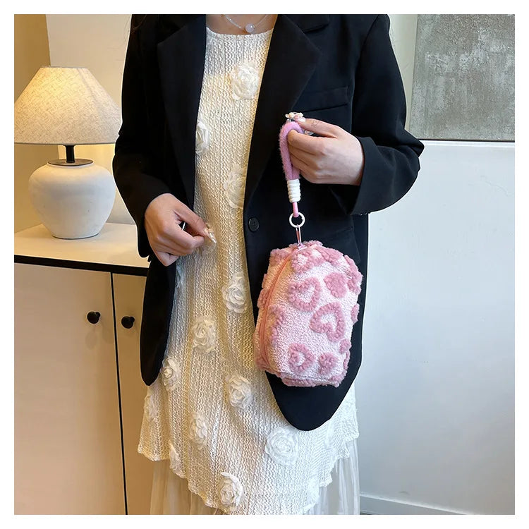 Plush Makeup Bags with Handle Soft Travel Cosmetic Storage Bag Portable Love Print Organizer Pencil Case Cute Clutch Pouch