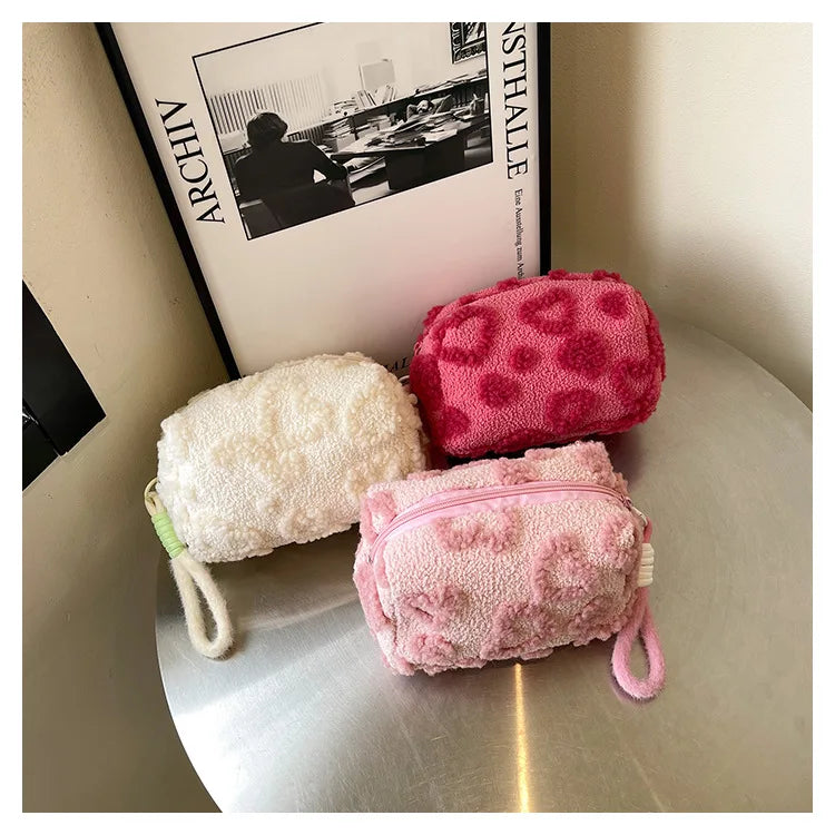 Plush Makeup Bags with Handle Soft Travel Cosmetic Storage Bag Portable Love Print Organizer Pencil Case Cute Clutch Pouch