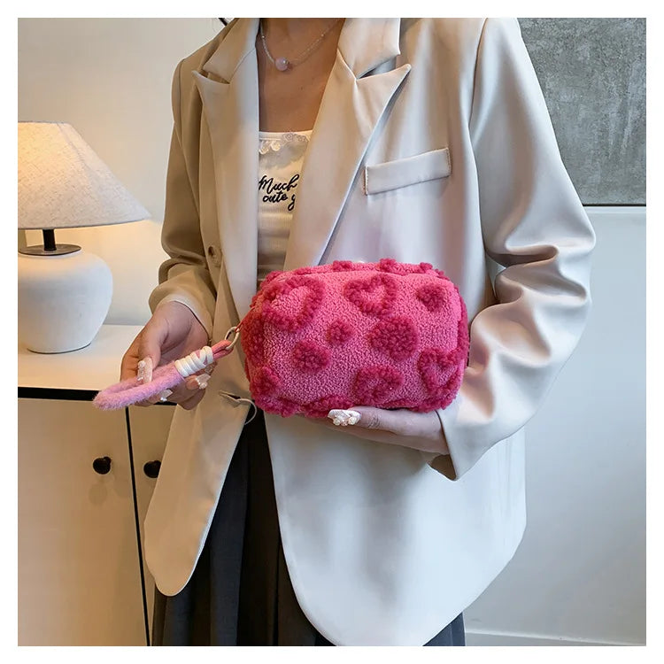 Plush Makeup Bags with Handle Soft Travel Cosmetic Storage Bag Portable Love Print Organizer Pencil Case Cute Clutch Pouch