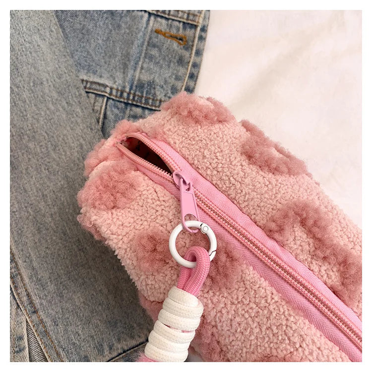 Plush Makeup Bags with Handle Soft Travel Cosmetic Storage Bag Portable Love Print Organizer Pencil Case Cute Clutch Pouch