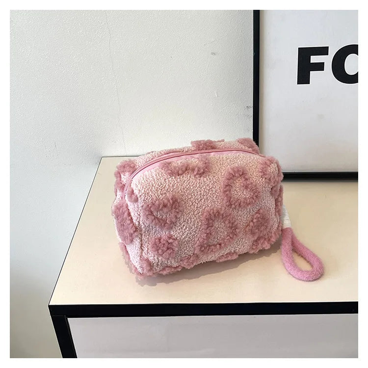 Plush Makeup Bags with Handle Soft Travel Cosmetic Storage Bag Portable Love Print Organizer Pencil Case Cute Clutch Pouch