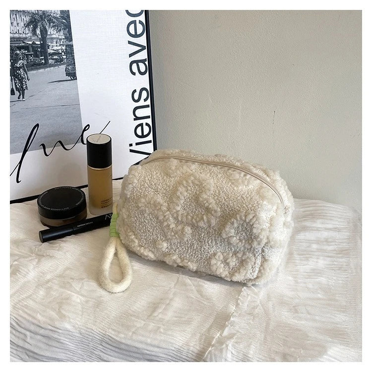 Plush Makeup Bags with Handle Soft Travel Cosmetic Storage Bag Portable Love Print Organizer Pencil Case Cute Clutch Pouch