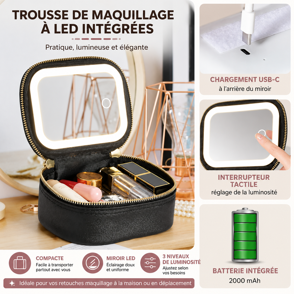 Trousse de maquillage avec miroir LED