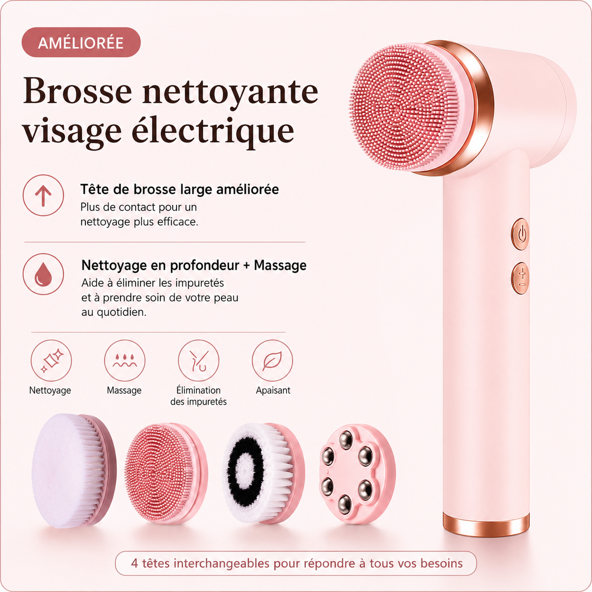 Brosse nettoyante visage électrique – 4 têtes interchangeables
