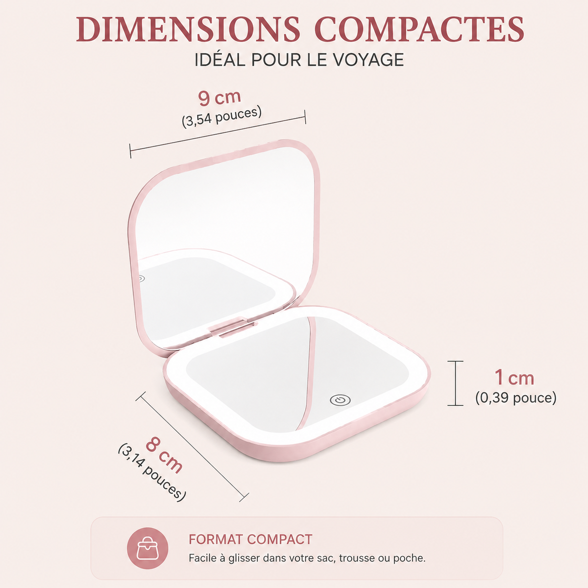 Miroir de maquillage LED pliable