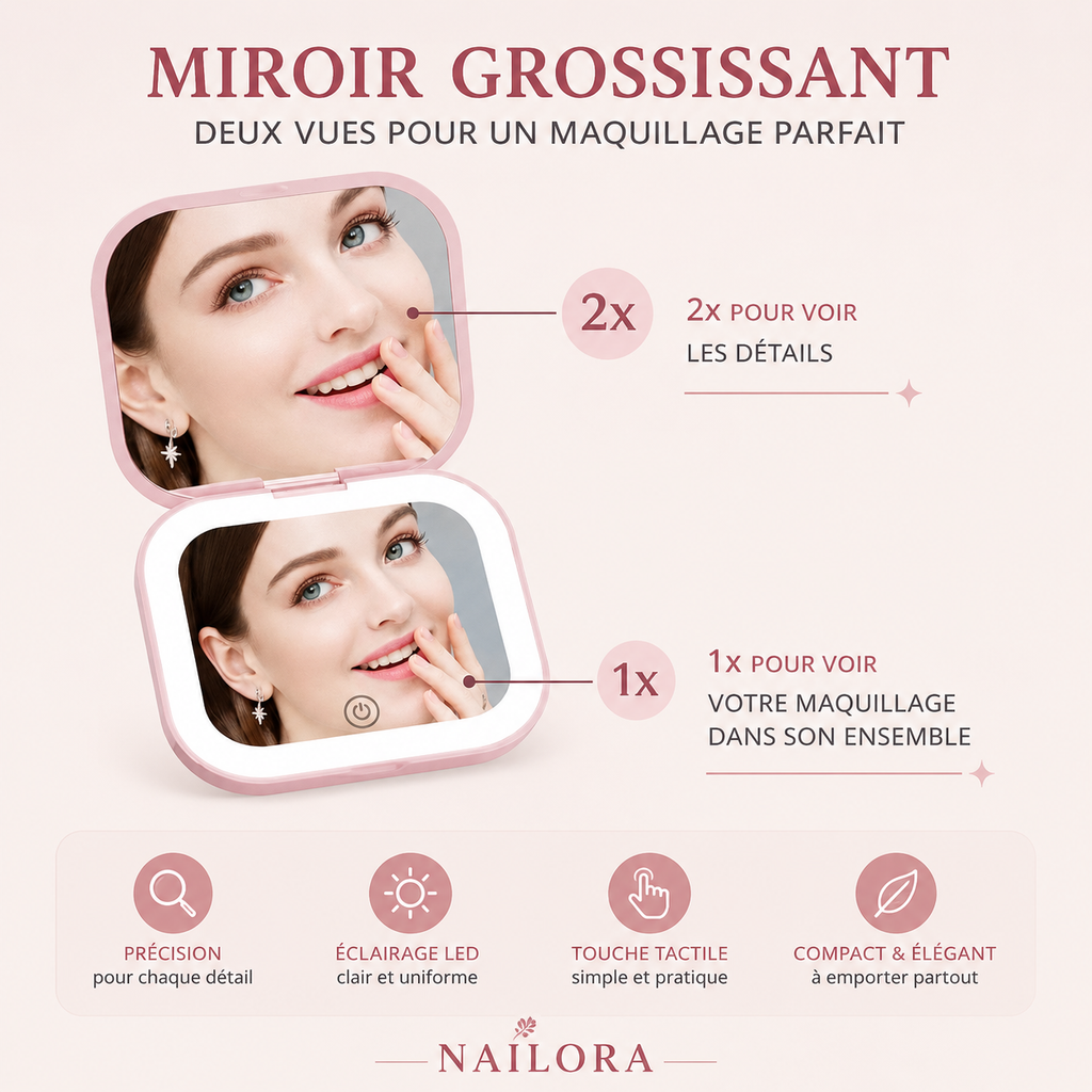 Miroir de maquillage LED pliable