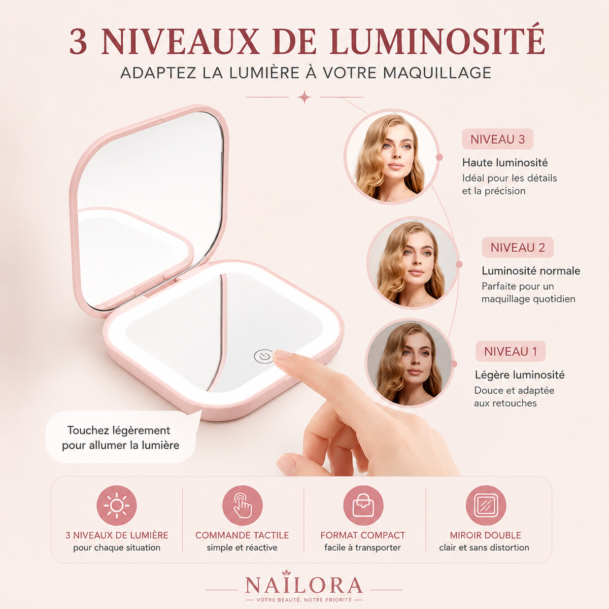 Miroir de maquillage LED pliable