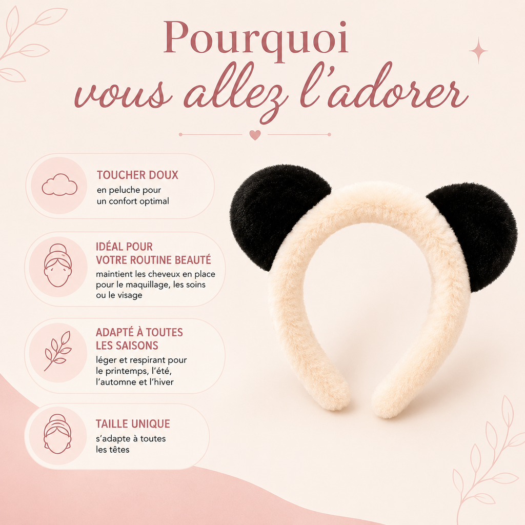 Bandeau peluche oreilles de panda
