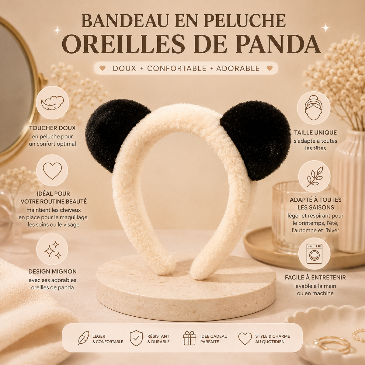 Bandeau peluche oreilles de panda