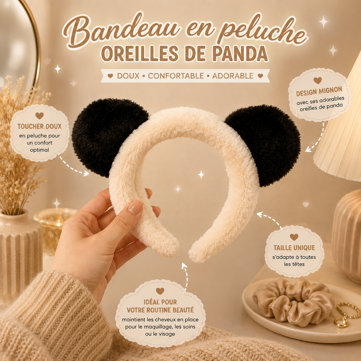 Bandeau peluche oreilles de panda